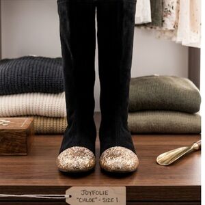 BOUTIQUE STEAL: Joyfolie "Chloe" Black Suede & Gold Glitter Boots size 1